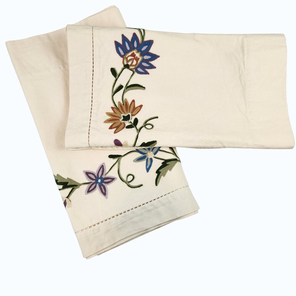 Linen Source Valance Pair Cream Floral Embroidered Cotton Lined Rod Pocket 84x19